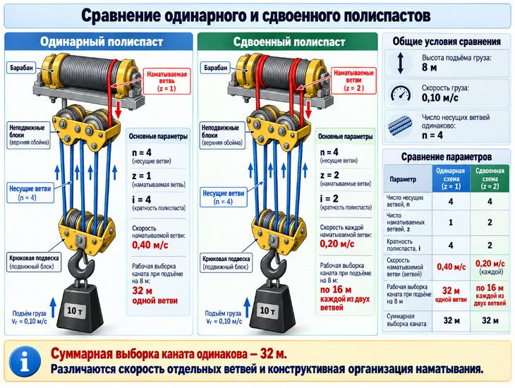 Сравнение одинарного и сдвоенного полиспаста
